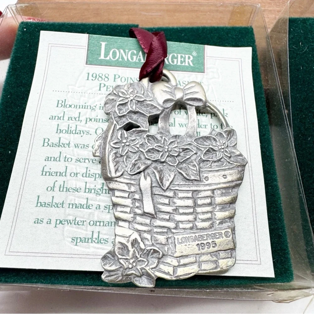 Vintage 90s Longaberger Pewter Mistletoe Poinsettia Ornaments